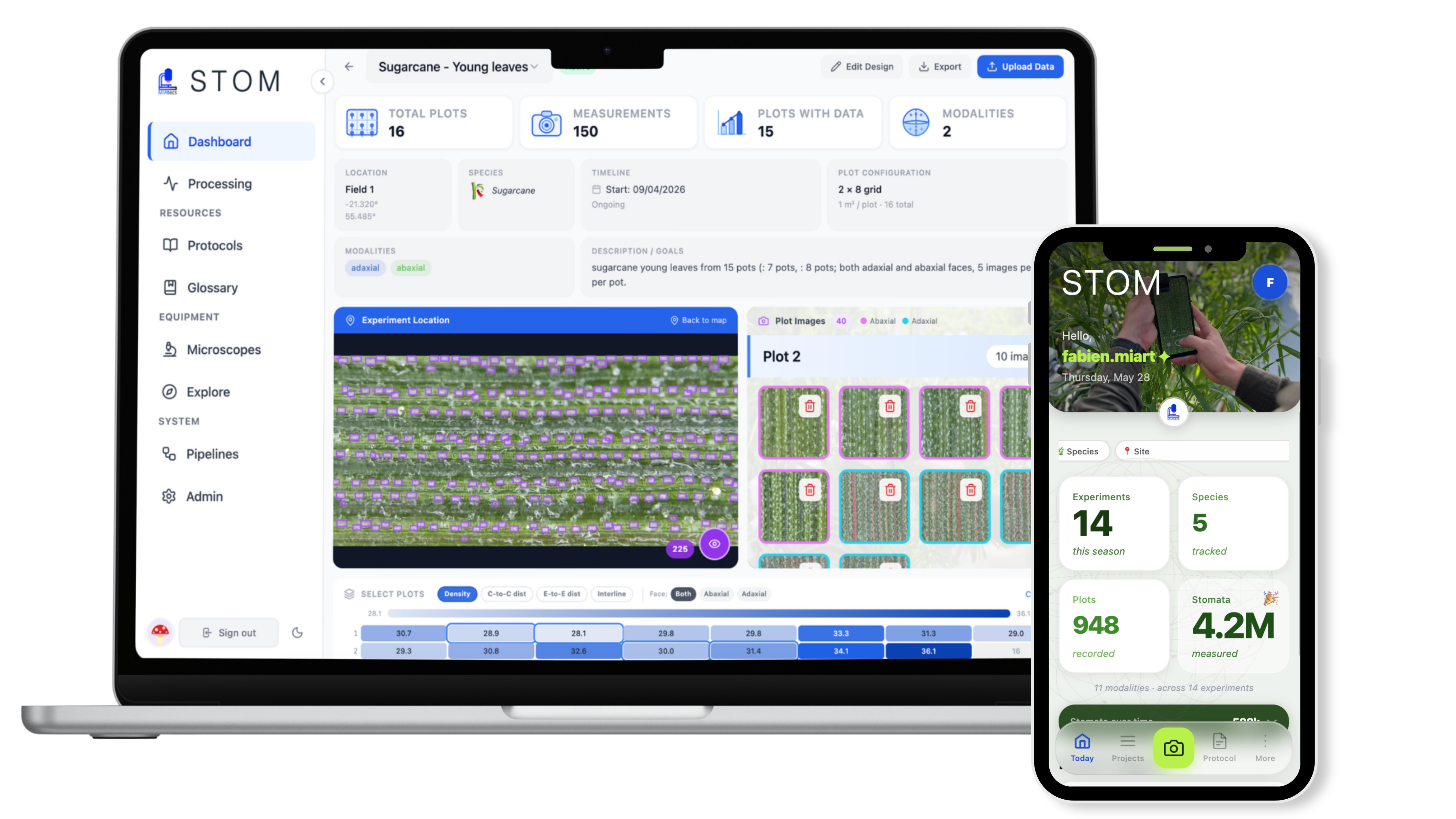 STOM platform dashboard on laptop and mobile